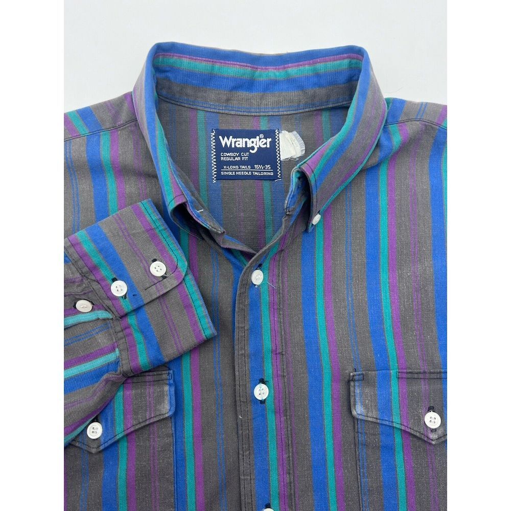 VTG Wrangler Cowboy Cut Shirt Mens 16.5-35 X-Long Tails Button Brushpopper